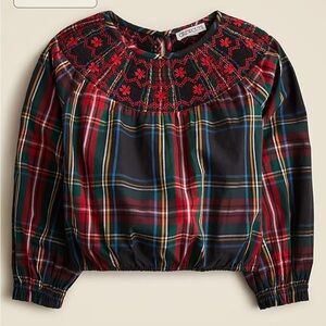 J crew Girls' embroidered smocked top in Stewart tartan
